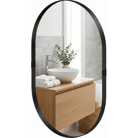 Miroir mural, miroir décoratif 60 x 90 cm en verre trempé et cadre en aluminium, pour chambre, salon, couloir, noir (1/5)