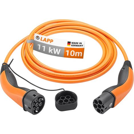 Cable de carga de tipo 2, hasta 11 kw, 10 m, naranja, (5555934049) 20 a, trifásico, para cargar coches híbridos y eléctricos con conexión de tipo 2. longitud del cable 10 m (1/5)