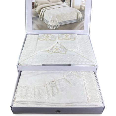 Tex Family – Couvre-lit en dentelle macramé crème 260x260 cm – Draps brodés 180x200 cm et 240x300 cm – Fait main en Italie (1/5)