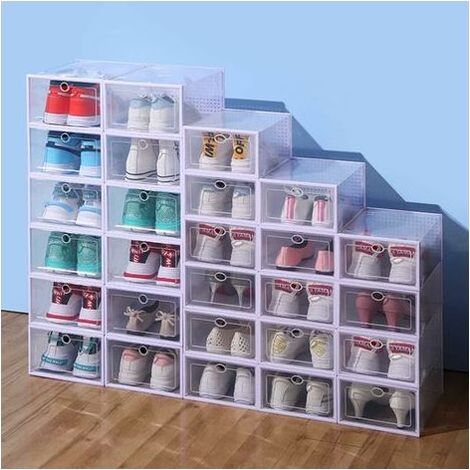 Lot de 12 boîtes à chaussures empilables en plastique transparent – Dimensions 33 x 23 x 14 cm – Jusqu'à la pointure 46 – Tiroir coulissant étanche à la poussière (1/5)