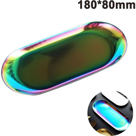 Plateau de rangement ovale en acier inoxydable pour serviettes, assiettes, thé, fruits, cosmétiques et bijoux. (1/4)