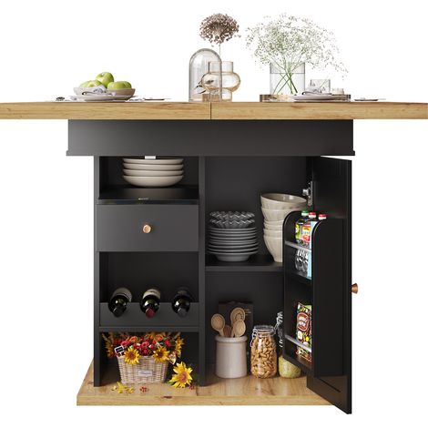 CAIziTable à manger télescopique (110-140×80 cm), table de cuisine pliante pour 4-6 personnes, table à manger extensible, table de cuisine peu encombrante pour cuisine et salon, avec étagère à snacks (1/5)