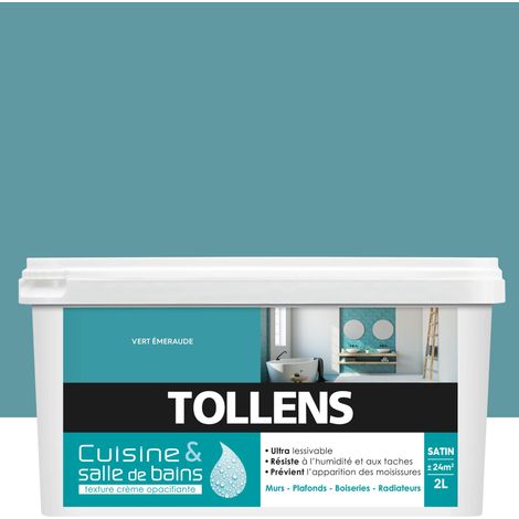 Peinture Cuisine Et Salle De Bain - Ultra Résistante - Tollens - Pour Murs, Boiseries, Radiateurs - Vert Emerau - 2L = 24m2
