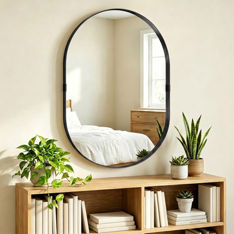 Miroir mural décoratif 60 x 90 cm en verre trempé et cadre en aluminium, pour chambre, salon, couloir, noir (1/5)