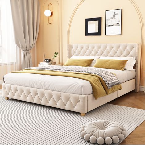 Lit 160x200 en velours capitonné beige clair HAVRYA (1/5)