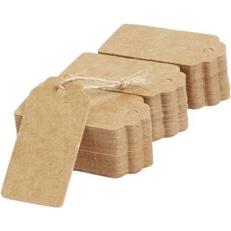 Étiquettes cadeaux festonnées en papier kraft - - Lot de 100 - 5x3 cm - Marron - Ficelle de jute 20 m - Recyclable (1/4)