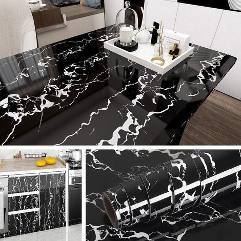 Papier Adhésif pour Meuble Marbre Noir et Blanc en Vinyle Stickers Meubles Cuisine Salle de Bain Papier Peint Autocollant Décoratif Amovible pour Table Plan de Travail de 40CM2M (1/5)