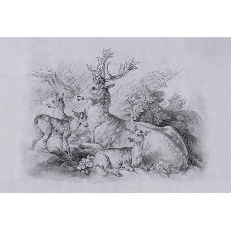 Papier peint panoramique vintage animaux Tapisserie panoramique forêt avec cerf grise Papier peint panoramique idéal couloir (1/2)