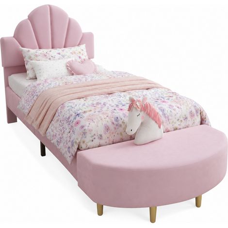 Lit rembourré 90x200 cm en velours rose avec tête de lit capitonnée, banc assorti et bords anti-collision, cadre stable, pour chambre adulte  CHICFURN (1/5)
