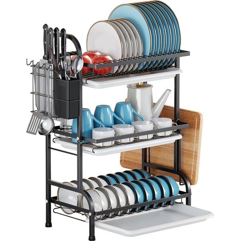 Kitchen Dish Drainer with 3 Levels Metal Dish Draining Rack Black with Drip Trays and Utensil Holder (1/5)