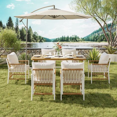 Ensemble de jardin - 1 table + 6 chaises en rotin avec coussins , structure fer, table imitation bois 159x78x75 cm, charge 150kg, beige (1/5)