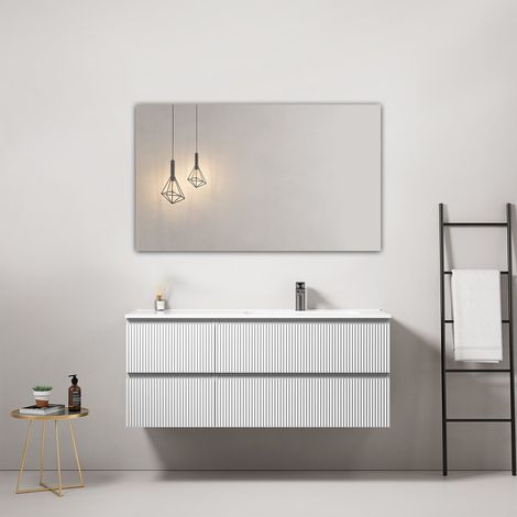 Mobile bagno sospeso cannettato 120 cm Bianco Lavabo a Destra in Ceramica Specchio Quadro - Fiji Paint (1/4)