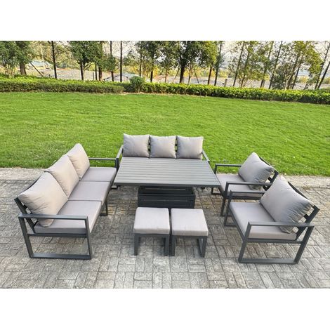 Fimous 7 Piece Garden Furniture Set 10-Seater Aluminium Outdoor Dining Set with Adjustable Rising Lifting Dining Table & Cushions Dark Grey (1/5)