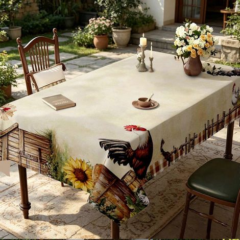 Nappe rectangulaire à motif coq et fleurs, 1 pièce, idéale pour une fête champêtre. Nappe anti-rétrécissement pour cuisine de ferme et salle à manger familiale. (1/4)
