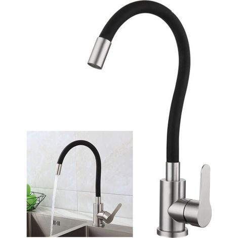 Robinet de Cuisine Flexible Bec Haut Orientable Librement Mitigeur Évier Flexible Acier inoxydable brossé et Noir Robinet Evier Monotrou à Eau Chaude et Froide (1/5)