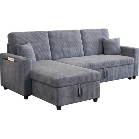 Graues Ecksofa mit Schlaffunktion und Bettkasten in Cord-Optik MODENUIT (1/5)