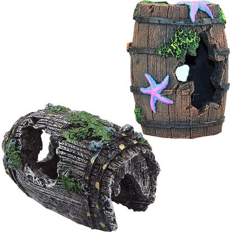 Décoration d'aquarium en forme de tonneau avec étoile de mer, cachette pour poissons et crevettes, ornement réaliste pour aquarium (1/5)