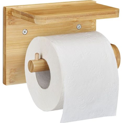 Relaxdays Porte-papier toilette bambou mural 12x16x10,3cm support téléphone lingettes salle de bain (1/5)