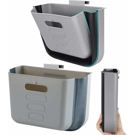 Hanging Kitchen Waste Bin Small Trash Can Foldable Plastic Dustbin Portable Cabinet Rubbish Bin Wall Mounted Garbage Trash Bin for Kitchen Cupboard Door Bathroom Bedroom Office Car Dorm (Dark Grey) (1/5)