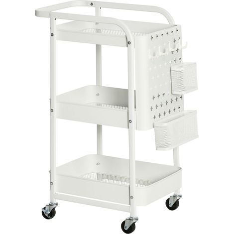 Rollwagen Mit Schubladen 3-Etagen Küchenregal Auf Rollen Für Küche Büro, Stahl, Weiß, 51,5X32X75,6Cm