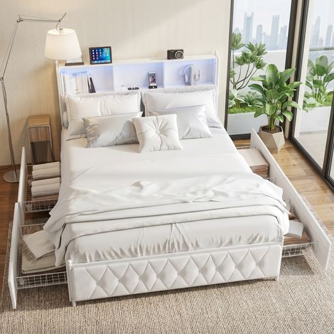 Superaly Lit Adulte 180x200cm, 4 Tiroirs de rangement, Tête de Lit Capitonné en Velours avec Séparateurs, Éclairage LED, Ports USB et Type-C, Sommier à lattes, Style Moderne, Beige (1/5)