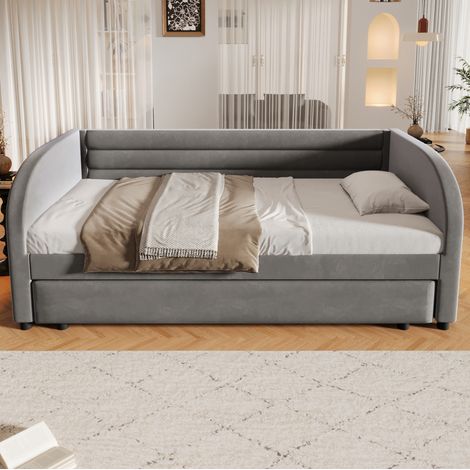 Letto imbottito 211x100x73 cm, con letto estraibile, illuminazione LED multicolore, flanella e MDF grigio (1/5)