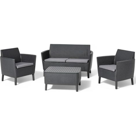 Salotto per esterno in resina effetto rattan 2 poltrone 1 divano biposto e 1 tavolino contenitore Salemo Lounge (1/5)
