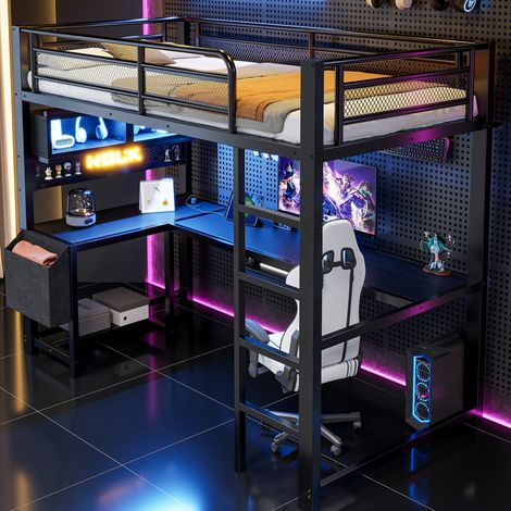 Letto a soppalco 90x200 cm con scrivania, illuminazione a LED a 7 colori, prese CA e USB, vano contenitore, struttura in metallo e MDF - nero (1/5)