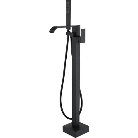 Robinet De Baignoire Ilot Avec Douchette Pour Salle De Bain, Laiton Mitigeur Au Sol, Autoportant Melangeur Sur Pied Avec Poignée, Noir (Black-A) (1/5)
