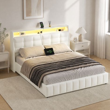 Letto matrimoniale 160x200 cm con contenitore, LED e USB, testiera regolabile in similpelle bianca, senza materasso (1/5)