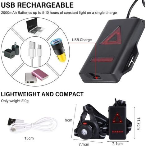 Lampe de course – Lampe de course rechargeable par USB 500 lumens IPX6 étanche, 3 modes et angle réglable à 90 °, lampe de course à LED pour le jogging, le camping, les coureurs (1/3)