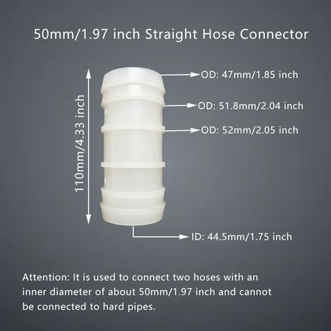Raccord droit de réparation de tuyau (50 mm, 1 pièce) : rallonge à joint traversant droit, raccord en plastique de diamètre égal, lot de 5 (1 pièce), pour l'irrigation de jardin et de laboratoire. (1/5)