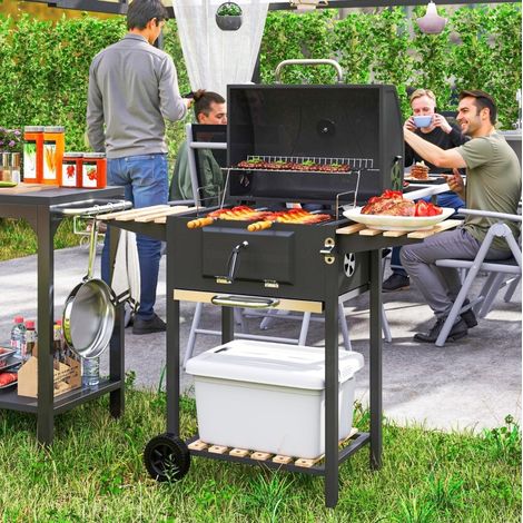 Barbecue a carbonella su carrello in inox con coperchio e termometro, 112 x 58 x 107 cm DESVIAE (1/5)