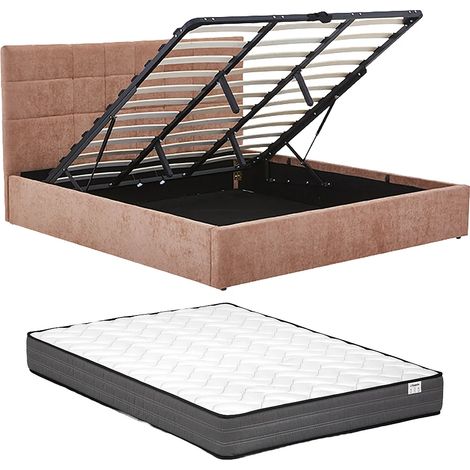 Letto contenitore 140 × 190 cm - Tessuto - Terracotta + Materasso HOPEYA (1/5)
