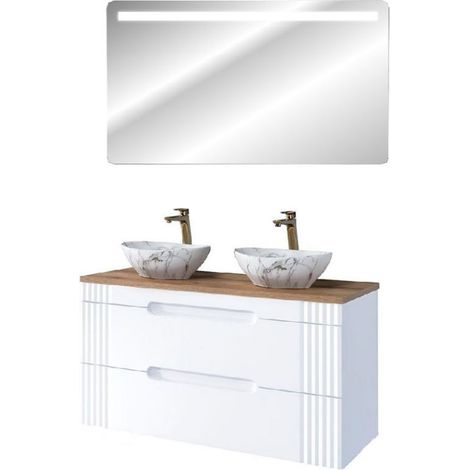 Meuble vasques à poser 120 cm + miroir LED Oceanie White - Livraison gratuite (1/5)