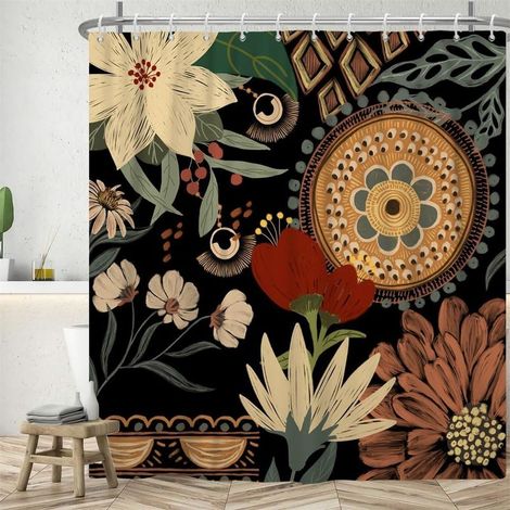 180Lx180Hcm Rideau Douche Boho, Rideau de Douche Fleuris Motif Feuillage Bohême Rideau de Baignoire Anti Moisissure Imperméable Tissu Polyester Lavable Rideau Salle de Bain avec 12 Crochets (1/5)
