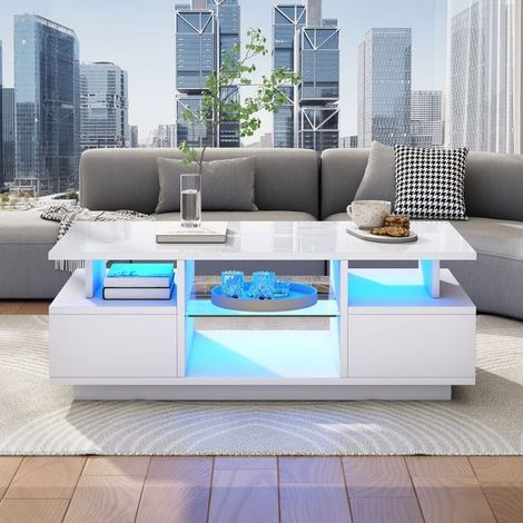 Table basse - SOGEU - 100x50x36 cm - 2 tiroirs - Étagères en verre - LED intégrées (1/5)