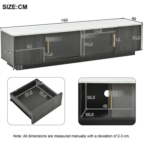 Sku 313165166AAZ)160 cm. Comptoir de cuisine de luxe pour téléviseur de 70”. Couleur gris élégante surface du comptoir marquée à la pierre. Prise en charge des câbles. Tiroirs avec fonction de ouvert (1/5)