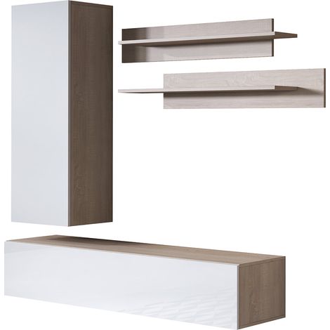 Mueble de salón  Composición de salón TV  Mueble TV  Conjunto de Salón  Ancho 160cm  Modelo Luke 4E  Sonoma Mate y Blanco Acabado brillo
