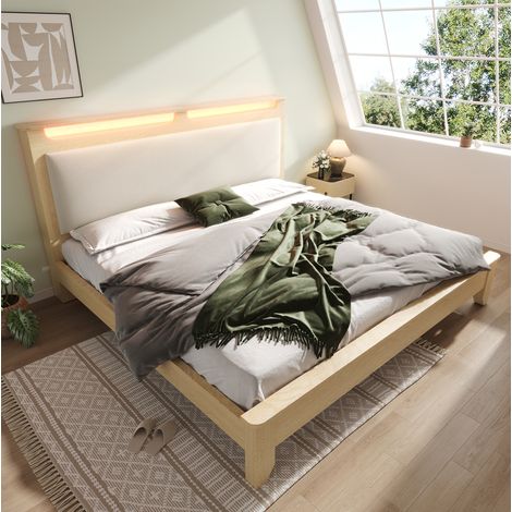 Letto matrimoniale moderno 140x200 cm in legno color rovere chiaro, testiera con ripiani, LED e schienale in velluto a coste beige (1/5)