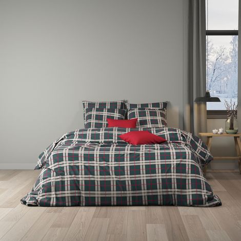 Parure de lit 140x200 flanelle à carreaux vert Terre de Nuit Noël (1/2)