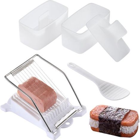 Set da 3 pezzi con pressa per palline di riso e affettatrice, stampo per palline di riso con affettatrice e cucchiaio per riso. Autentico hawaiano. (1/5)