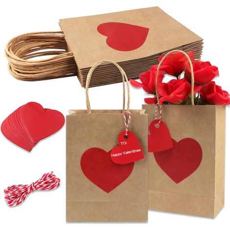 12 Pièces Sac cadeau Saint Valentin avec étiquette Sac en papier kraft pour la Saint Valentin avec poignée pour Fête d'anniversaire de mariage Saint Valenti (1/5)