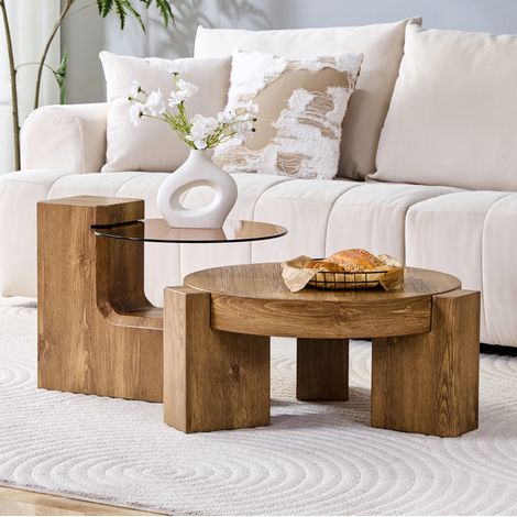 Table basse gigogne ronde 61x61x30 cm bois, verre teinté brun, 2 tables séparables MEUBLIV (1/5)