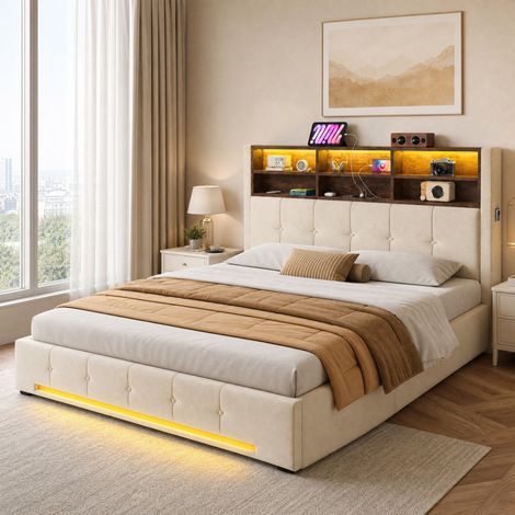 Cama tapizada 160x200 cm con cabecero multifunción, 6 compartimentos, USB-C, LED, metal, terciopelo beige (1/5)