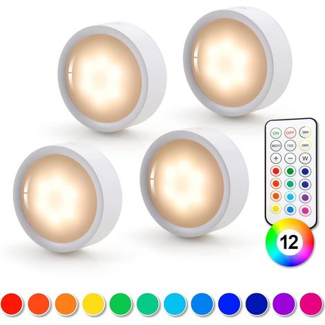 Spot LED Sans Fil, Dimmable 4 Couleurs Lampe Placard a Pile avec Telecommande, Eclairage Batterie Armoire Lumiere Cuisine Sous Meuble, Veilleuse Réglable LED pour Vitrine Chambre Escalier (4pcs) (1/5)
