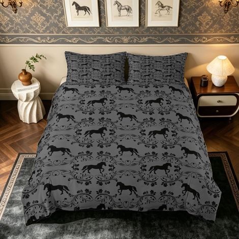 Parure de lit avec fermeture éclair - 135 x 200 cm - Motif cheval - Style vintage damassé - Avec housse de couette et 1 taie d'oreiller - Style bohème exotique gothique (1/5)
