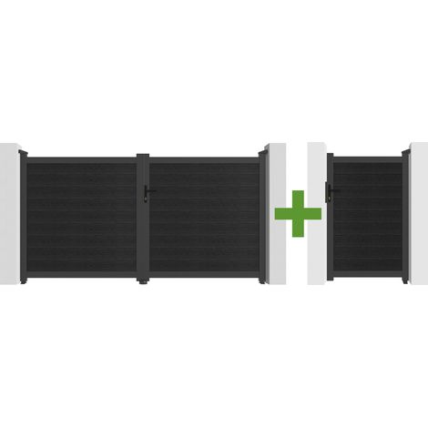 Puerta batiente de madera compuesta ATHOS de 3 m de altura (160 cm) en color gris antracita con marco de aluminio + Puerta peatonal compuesta ATHOS de 1 m de al