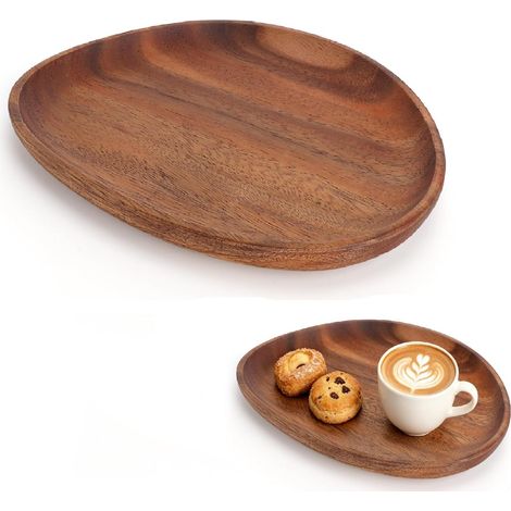 Plat de service en bois d'acacia naturel - 26 x 21 x 2 cm - 1 pièce - Forme ovale - Couleur naturelle (1/5)