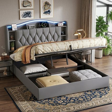 Lit Coffre 160x200 cm avec Éclairage LED et Prise USB, lit Double Hydraulique avec Étagères Ouvertes et Rangement Caché, Cadre de lit 2 Personnes avec Sommier à Lattes, sans Matelas, Velours, Gris (1/5)